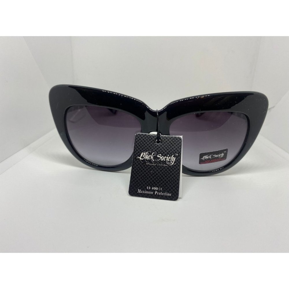 Black Society Sunglasses Womens Cat Eye  Frame Silver Skull + Round Studs FADE